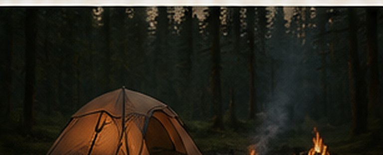 A lit tent and campfire in the forest